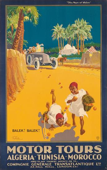 VARIOUS ARTISTS. MOTOR TOURS / ALGERIA - TUNISIA - MOROCCO. Two posters. Circa 1925. Each approximately 40x25 inches, 101x63 cm. Hill S